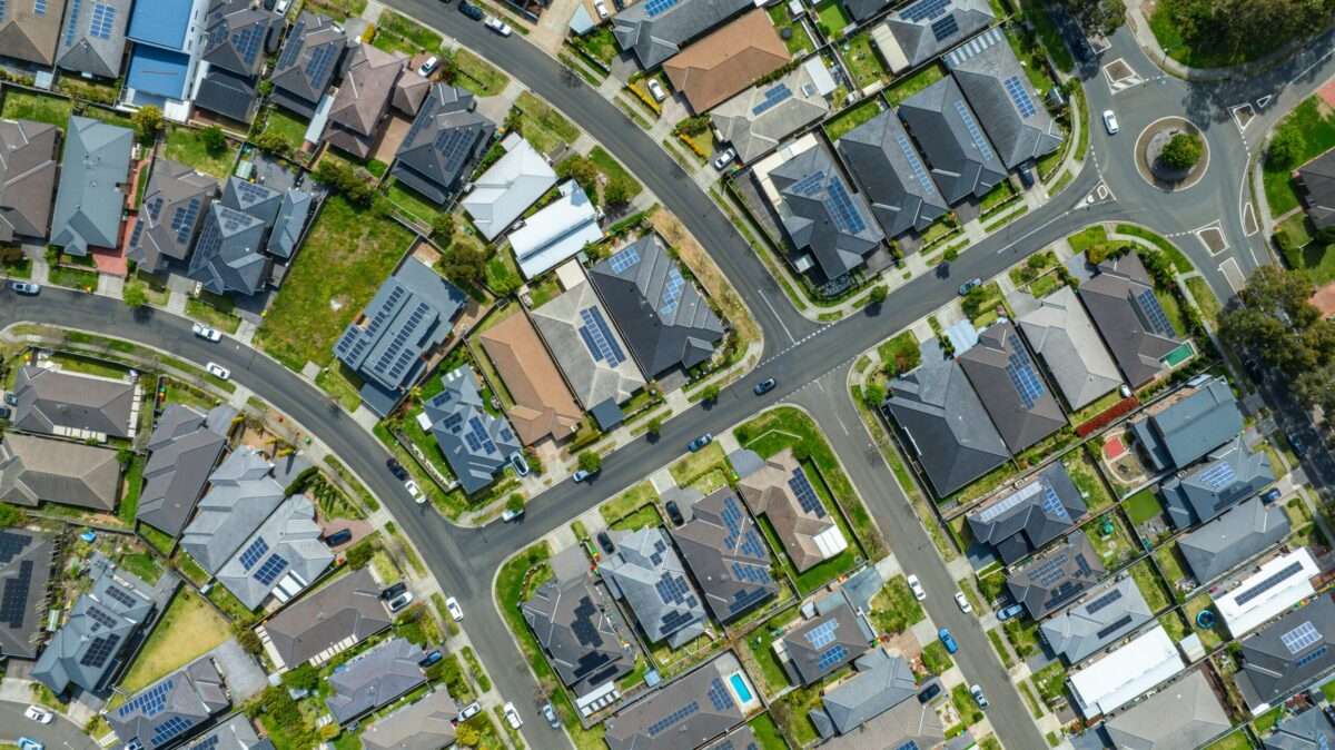 Aerial view of homes in a residential neighborhood