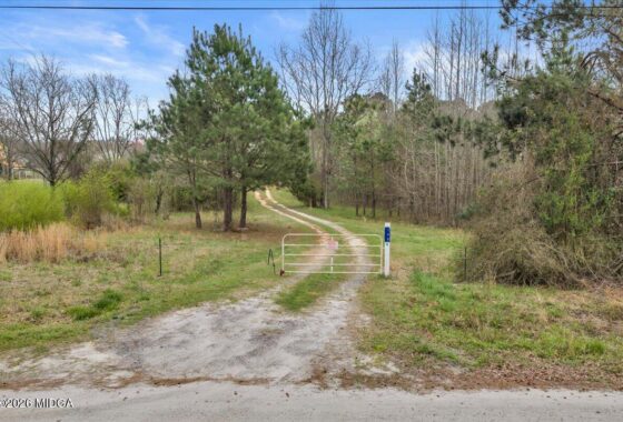 Metal gate blocks a dirt path winding into a tree-filled field.”, “Closed white gate across a country dirt road with trees on both sides.”, “Gated driveway leading into a wooded area, with grass and pines nearby.”, “Rural path blocked by a gate; grass, trees, and a utility post in view.”, “Gate blocking access to a gravel road that leads into a forested area.”