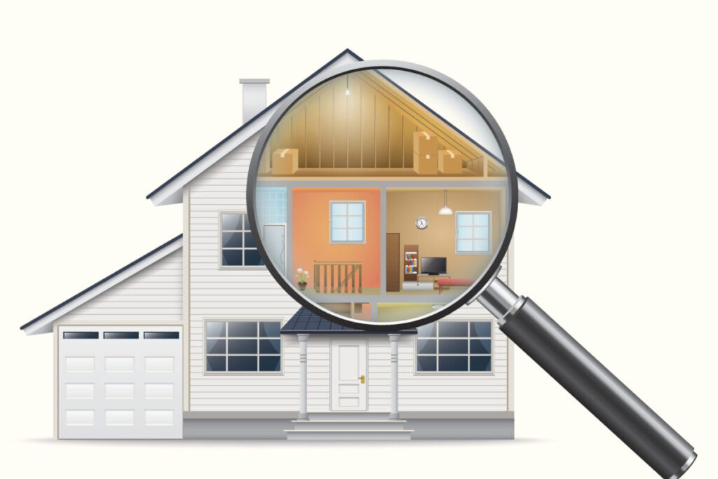Illustration of a real estate appraisal showing a home under magnification to represent property valuation, home appraisal, and real estate assessment.