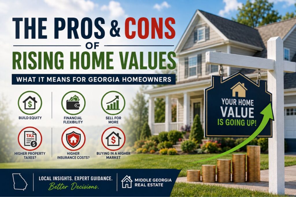 The Pros and Cons of Rising Home Values | What Georgia Homeowners Should Know - Joanna "JoJo" Jones Illustration of a suburban home with an increasing home value sign, highlighting the pros and cons of rising home values for Georgia homeowners, including equity growth, financial flexibility, higher property taxes, insurance costs, and buying in a higher-priced market.