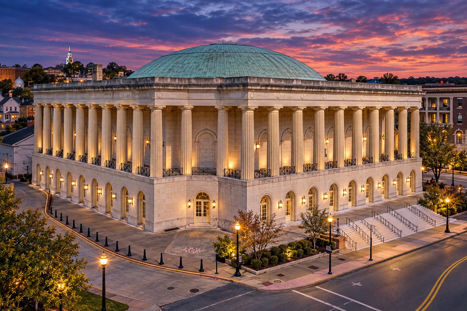 Macon City Auditorium with its historic columns and copper dome illuminated beneath a colorful evening sky in downtown Macon, Georgia