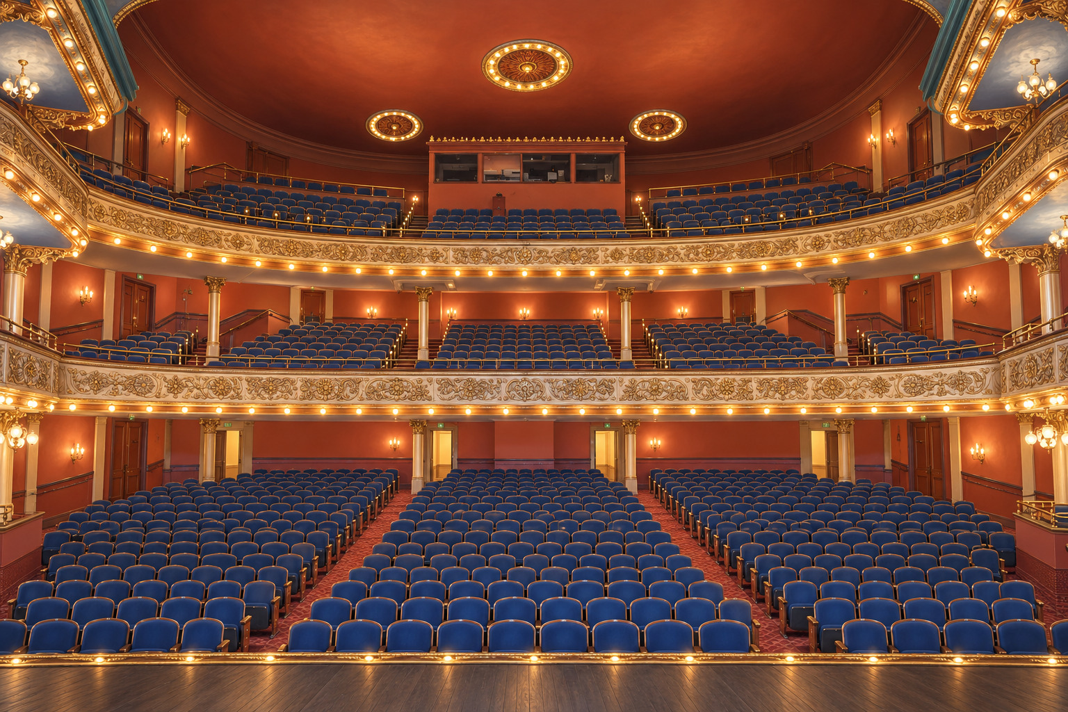 Illustrated interior of The Piedmont Grand Opera House in Macon, Georgia, featuring ornate balconies and blue theater seating