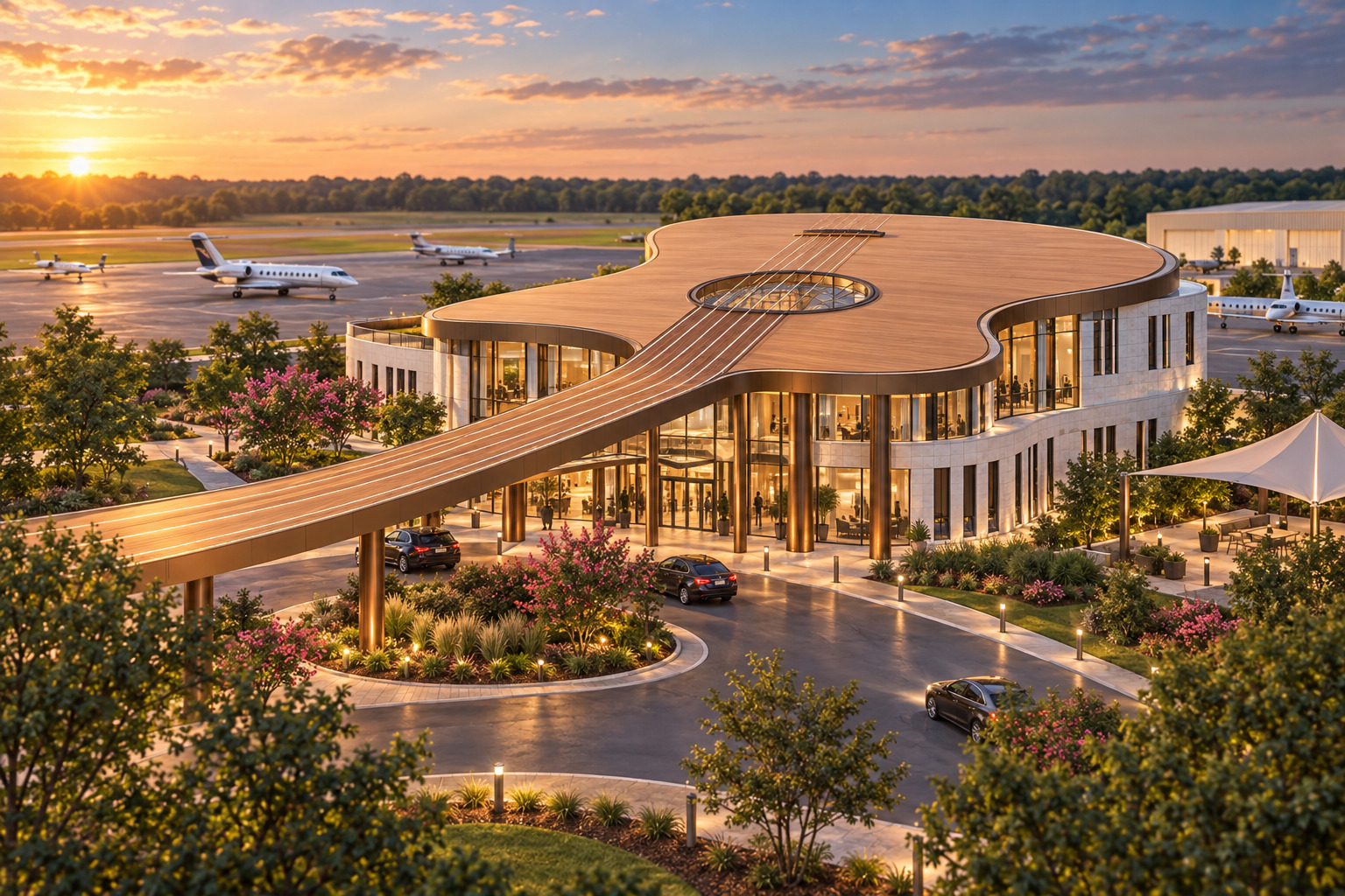 Conceptual illustration of a guitar-shaped executive airport terminal in Macon, Georgia
