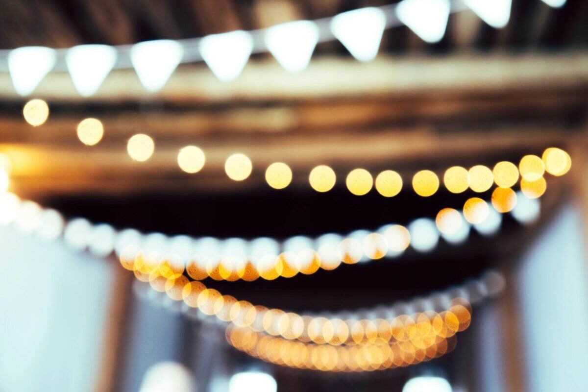 Decorative string lights representing festivals and upcoming events in Macon, Georgia
