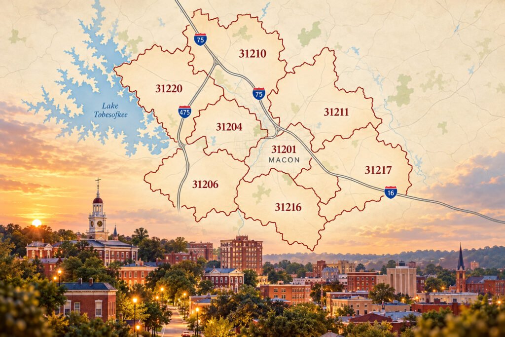 Macon Georgia real estate by ZIP code map showing 31201, 31204, 31206, 31210, 31211, 31216, 31217 and 31220