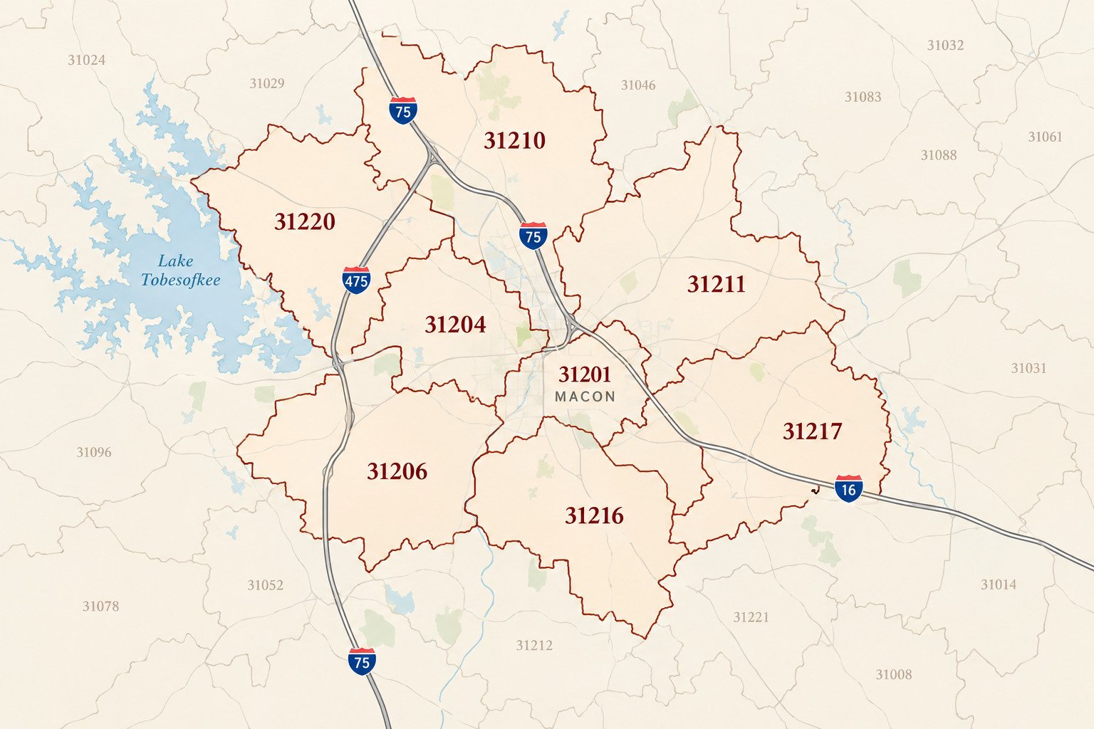 Macon Georgia real estate ZIP code map showing 31201, 31204, 31206, 31210, 31211, 31216, 31217 and 31220