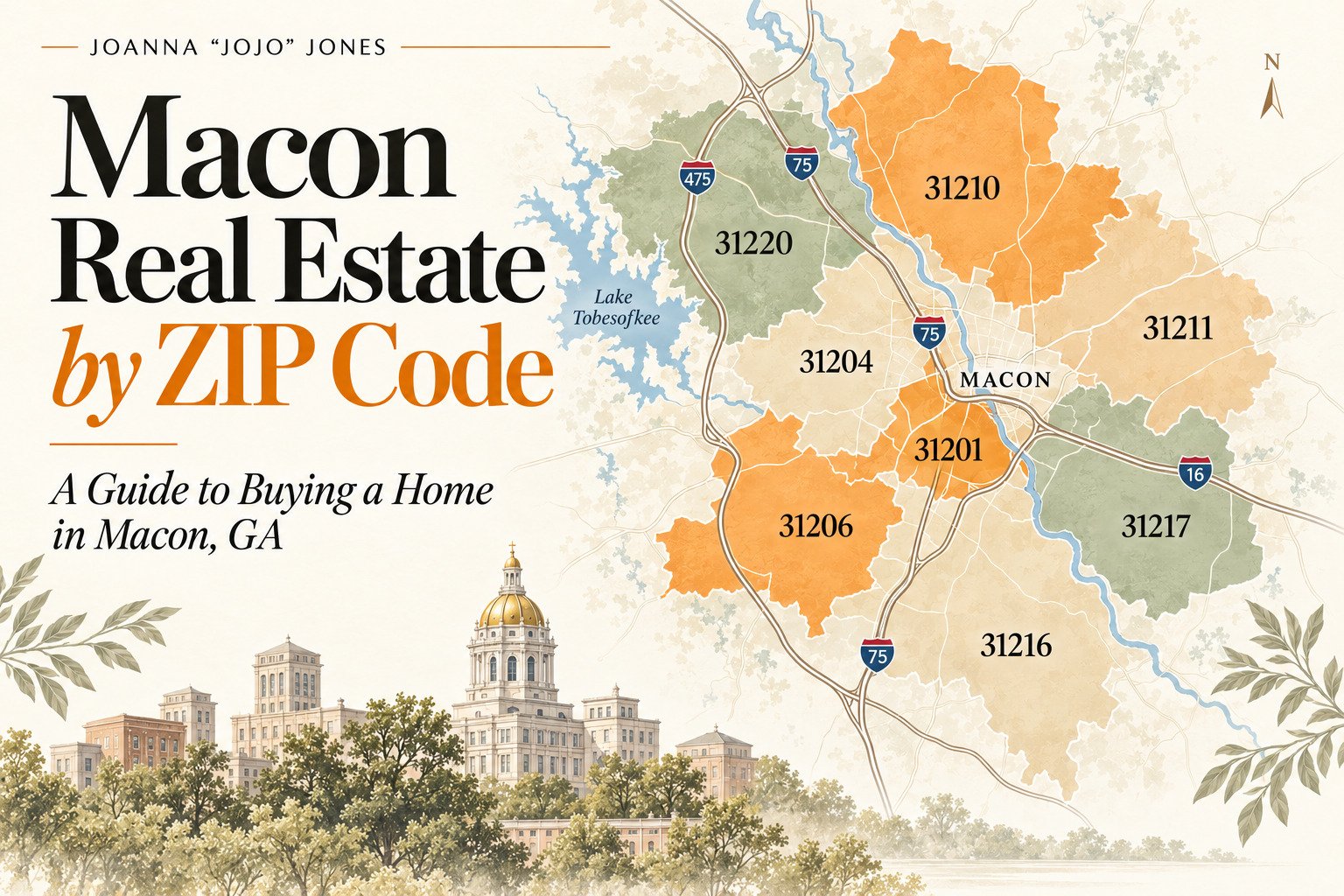 Macon Georgia real estate by ZIP code map showing 31201, 31204, 31206, 31210, 31211, 31216, 31217 and 31220