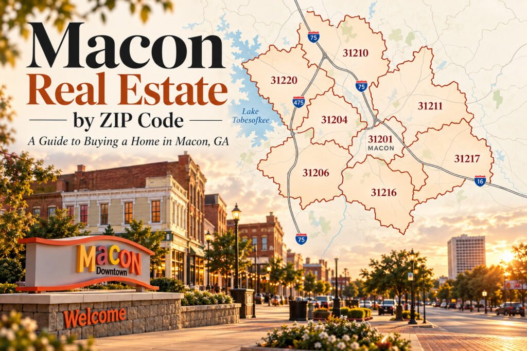 Macon Georgia real estate by ZIP code map showing 31201, 31204, 31206, 31210, 31211, 31216, 31217 and 31220