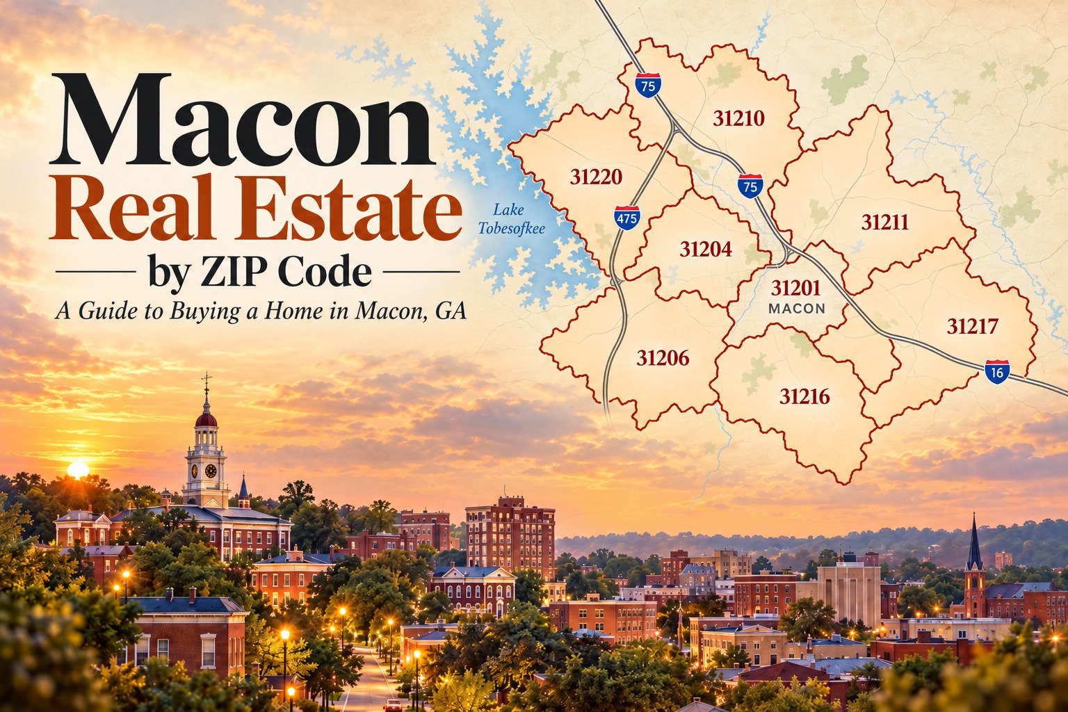 Macon Georgia real estate by ZIP code map showing 31201, 31204, 31206, 31210, 31211, 31216, 31217 and 31220